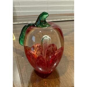 1988 Joe Rice Art Glass Crimp Red Apple Figurine Paperweight Approx. 5" Tall